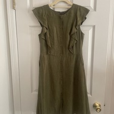 J.Crew Olive Green Ruffle Linen Cupro Blend Dress Sz 4 Knee Length