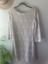 Sharagano Ivory Crochet Sheath Dress Boat Nec...