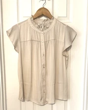 Rachel Zoe Women’s Small Cream Ruffle Mock Neck Blouse Cap Sleeves Button Front