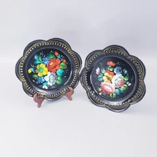 Vintage Soviet Russian Hand Painted Flowers Toleware Trays Set of 2