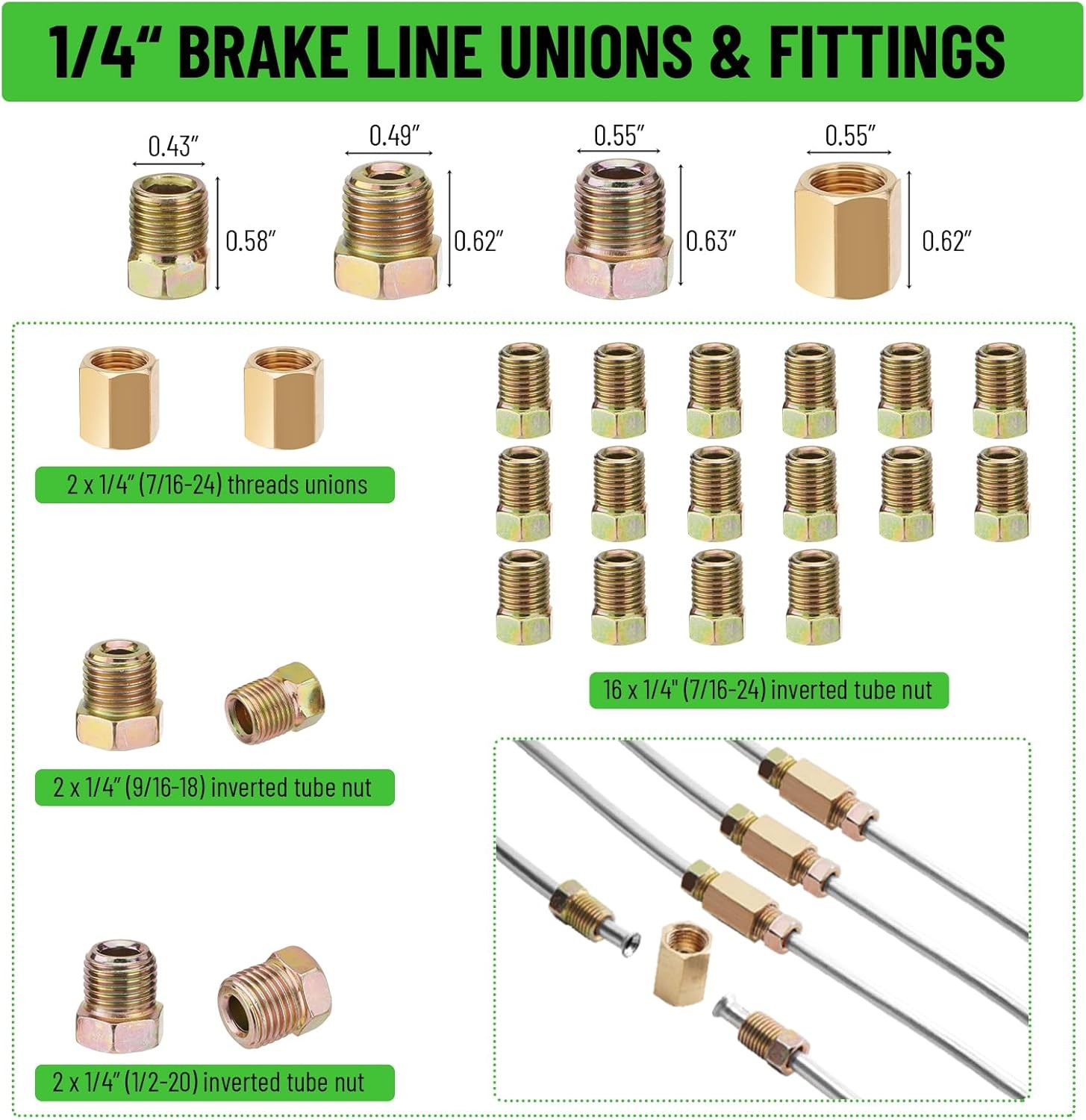Car Brake Line Repair Kit 3/16 + 1/4 25 FT Pipe Single Flaring Tool Nuts Fitting