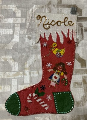 Vintage 17'' Christmas Stocking Felt Sequin Beads Hand Crafted ''Nicole''