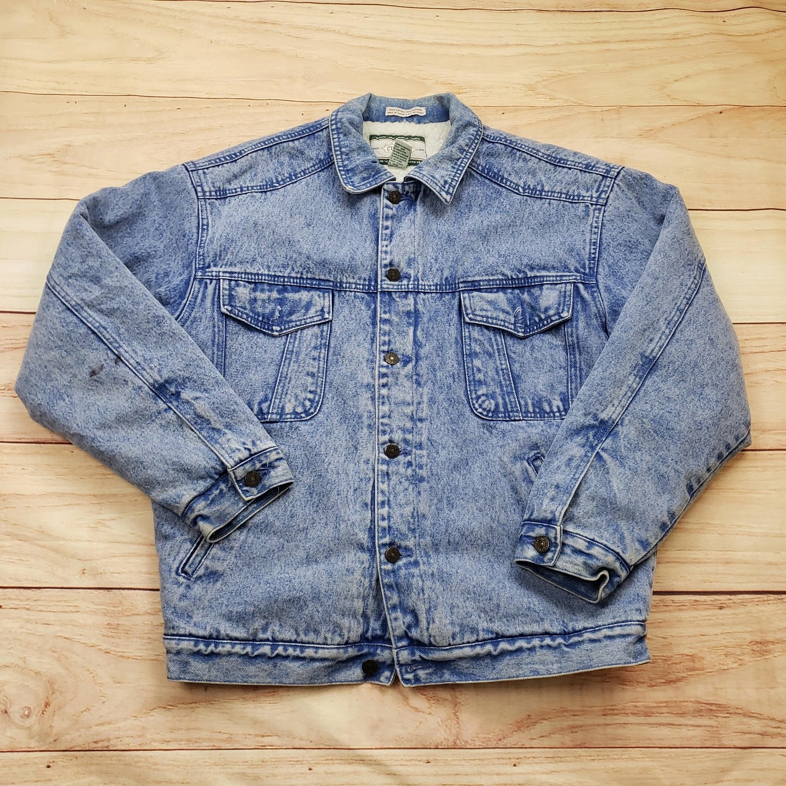 Vintage Cutline Jacket Mens Medium Blue Sherpa Lined Trucker Acid Wash Denim 90s