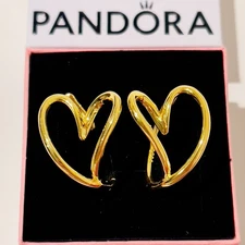 PANDORA 925 ALE ESSENCE 14K Gold Plated Organic Heart Hoop Earrings w/ Box