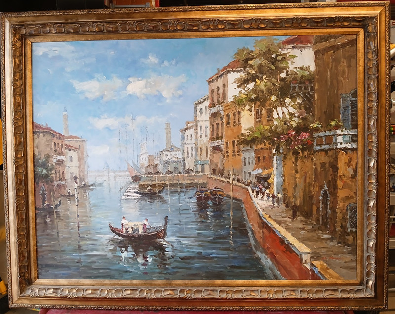 Large Oil Painting by Thomas Wooden Frame Stretched Canvas 56x45" Venice GONDOLA
