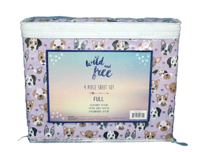 WILD & FREE 4-Piece Full Bed Dog Print Sheet Set Purple Multi Various Breeds