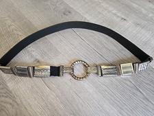 Chico's Vintage 90' Large Black Leatger Streatch Boho Silver Gold Metal Belt