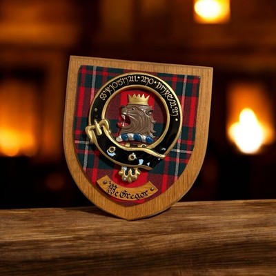 Old Vtg Scottish Coat Of Arms MAC GREGOR Display Shield Plaque Crest Tartan Wood
