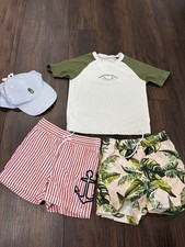 Janie And Jack Boys Swim Trunks, Shirt Hat Bundle Size 3, Stripes Palm Tree