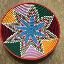 African Coil Woven Basket Bright Multi-color Decorative Bowl 12” Wide, 3.5” Deep