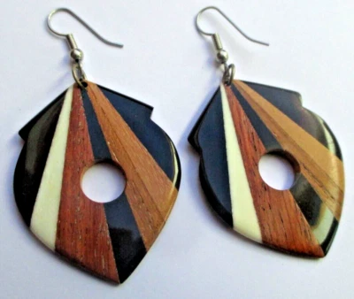 Boucles oreille percée superbes bois marqueté bijou vintage fashion unique 2637 - Photo 1/3