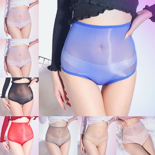 Women High Waist Lingerie Glossy Sheer Panty See Through Shiny Silky Sexy Briefs - Picture 18 of 33