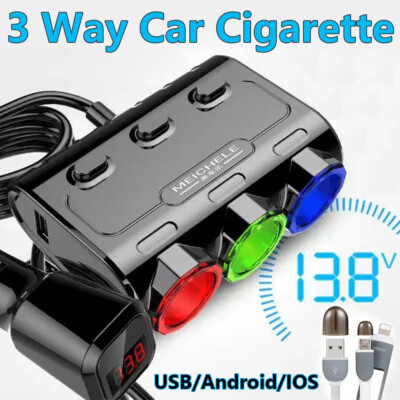 Splitter 3-USB Port LCD 12V Socket Double Power Adapter Lighter Car Charger