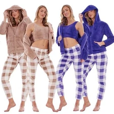 Ladies Snuggle Fleece 3 pc Hooded Zipped Lounge Pyjama Check Crop Set ,Soft Warm