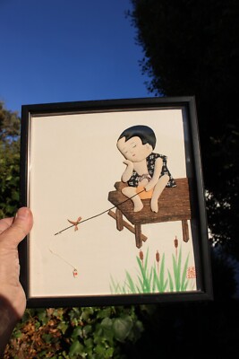 Vintage Japanese Oshie Boy Fishing 3D Fabric Wall Art Frame Decor