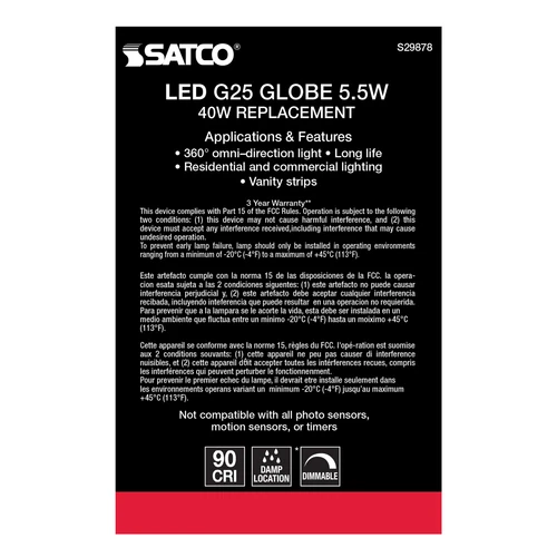 Satco S29878 LED Filament Globe Clear G25 5.5W 40W Medium E26 2700K Warm White - Picture 8 of 9
