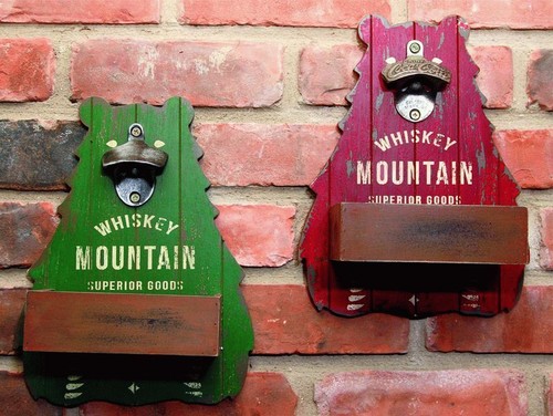 Whiskey Mountain Wood Bottle Opener Red Bear With Cap Catcher - Picture 2 of 2
