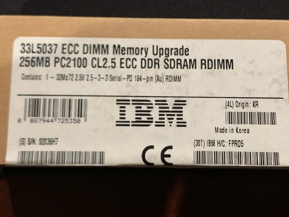 New In Box IBM 256MB 184-Pin PC2100 DDR SDRAM RAM Memory CL2.5 ECC 33L5037 - Image 2 of 3