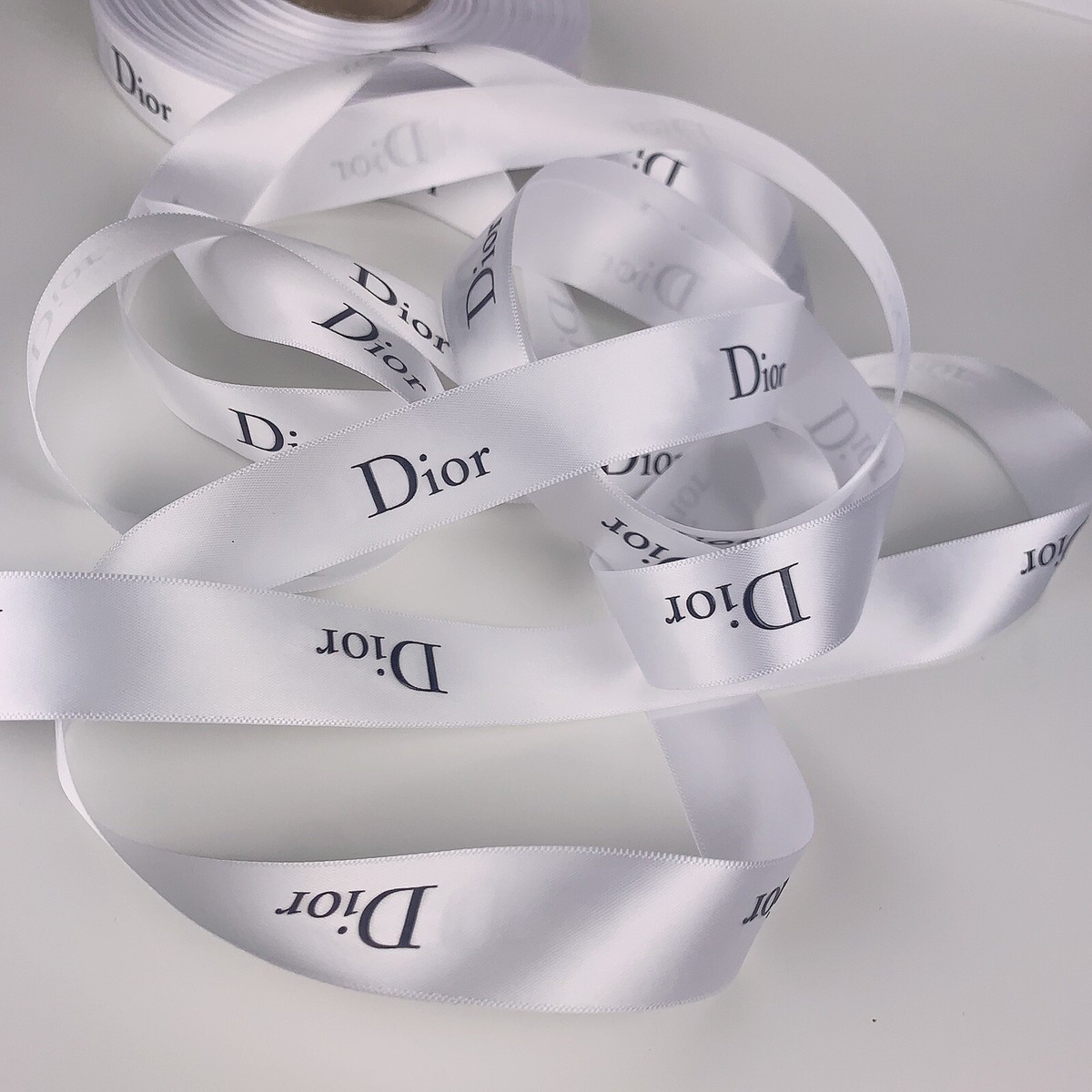 1 Yard of DIOR Holiday Ribbon White Satin w/Grey Logo SOLD