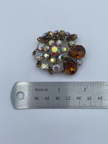 Vintage Estate Jewelry Brooch Pin Gold Brown Aurora Borealis Costume Women Girl - Picture 16 of 16