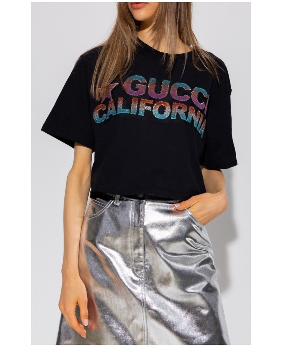 Gucci California Black Sequin Cropped Oversized T Shirt Womens