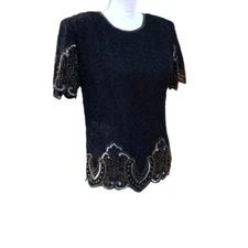 Laurence Kazar Silk Blouse Vintage Size PP Black Gold Beaded Lined Shoulder Pads