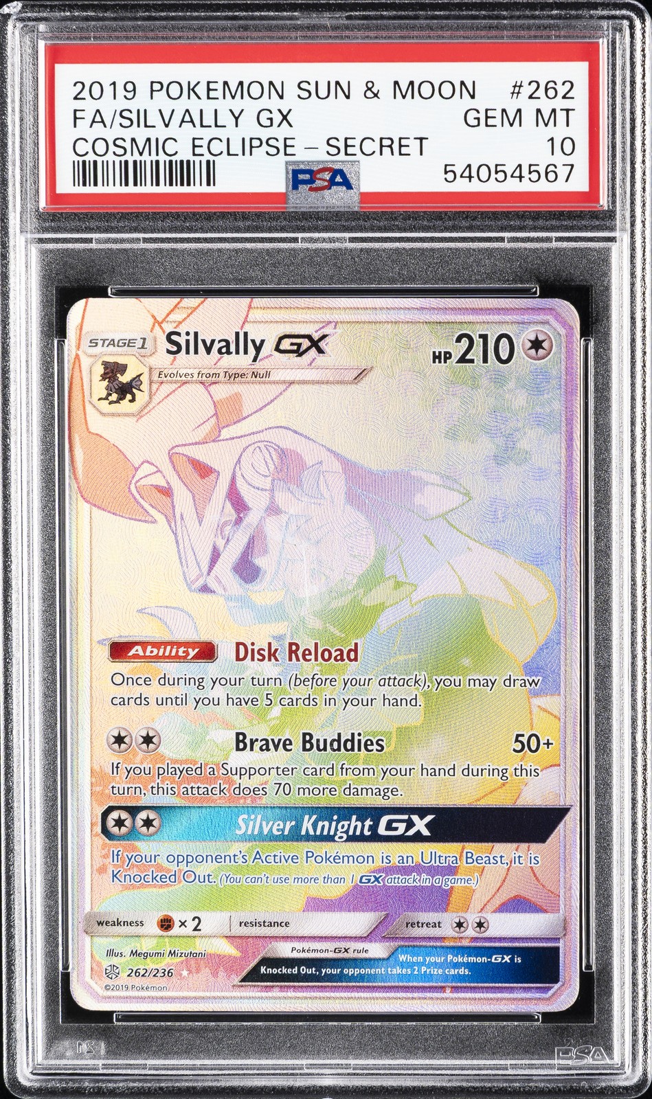 2019 POKEMON SUN & MOON COSMIC ECLIPSE SECRET #262 FULL ART/SILVALLY GX PSA 10
