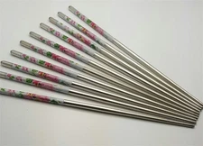 10 Pcs (5 Pairs) 9" Peony Design Silver Stainless Steel Chopsticks