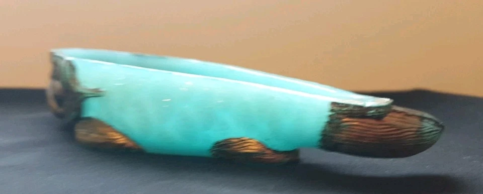 ANCIEN BAS DE SUCRIER OPALINE DE FOIRE BLEUE POISSON CARPE VALLERYSTHAL SIGNÉ - Photo 4/4