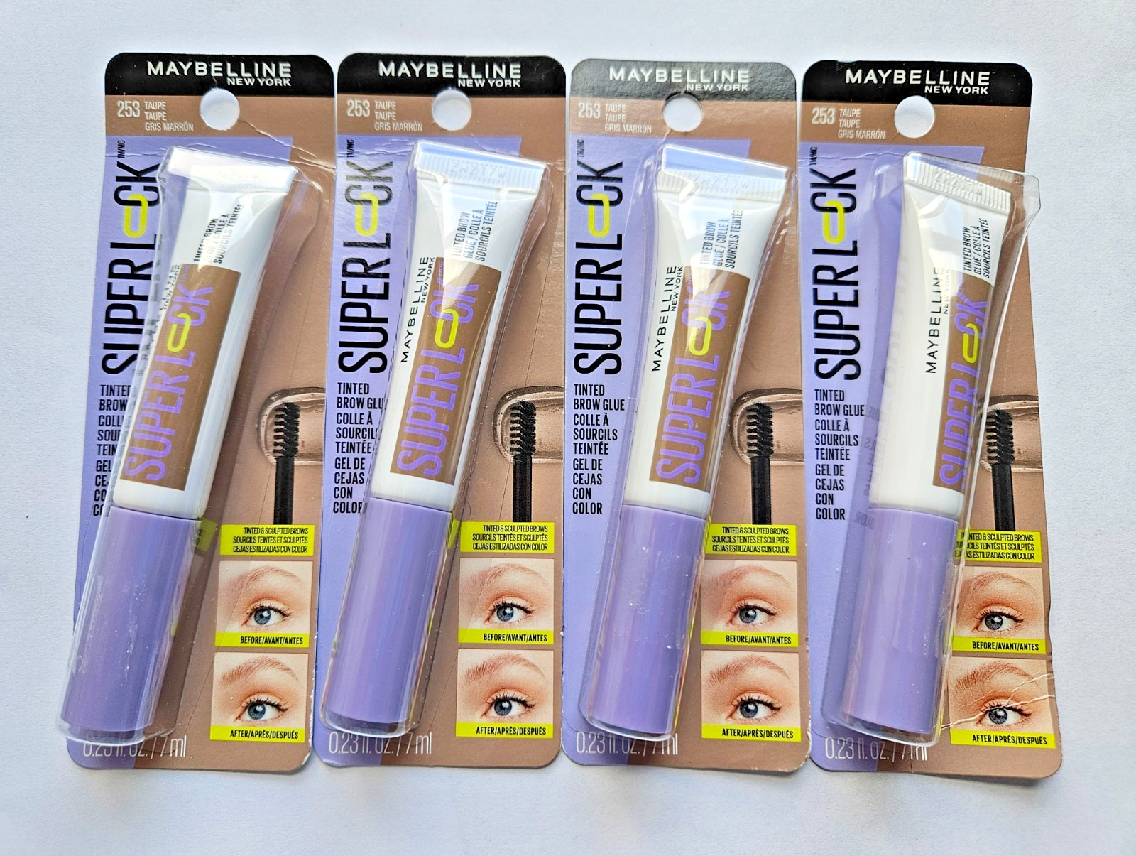 4 PACK Maybelline Super Lock Brow Glue Gel, Tinted TAUPE 253 (Blonde) NEW Sealed