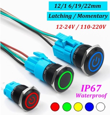 12/16/19/22mm LED Push Button Switch Momentary Latching On/Off Waterproof Metal