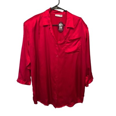 VTG 90s NEW Frederick's of Hollywood Red 100% Silk Pajama Shirt Top Button Down