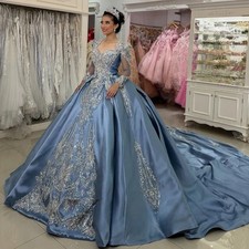 Glamorous BallGown QuinceaneraDresses for Girl Satin Lace Appliques Long Sleeves