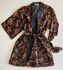 VTG Solz Squirrel Kimono Robe sz L w/sash belt Chinese Black Red Gold brocade 