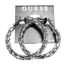NEW GUESS SILVER TONE CRYSTALS & BAGUETTE GLITZ ALL OVER THE 2" D HOOP EARRINGS