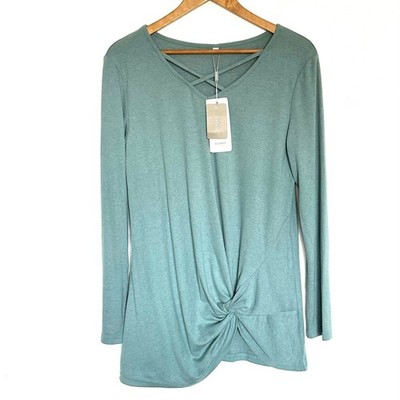 NWT NiaShot Shirt Women's Medium Green Criss Cross Long Sleeve Twist Knot Top