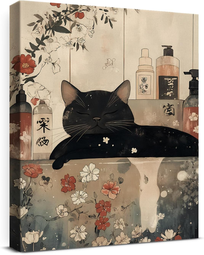 Aesthetic Cat Bathtub Canvas Wall Art Decor Japanese Bathroom Cat Print ...