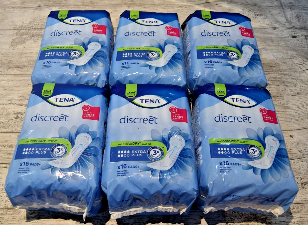 96 x TENA Lady Extra Plus Discreet InstaDry Incontinence Pads - 6 Packs of 16