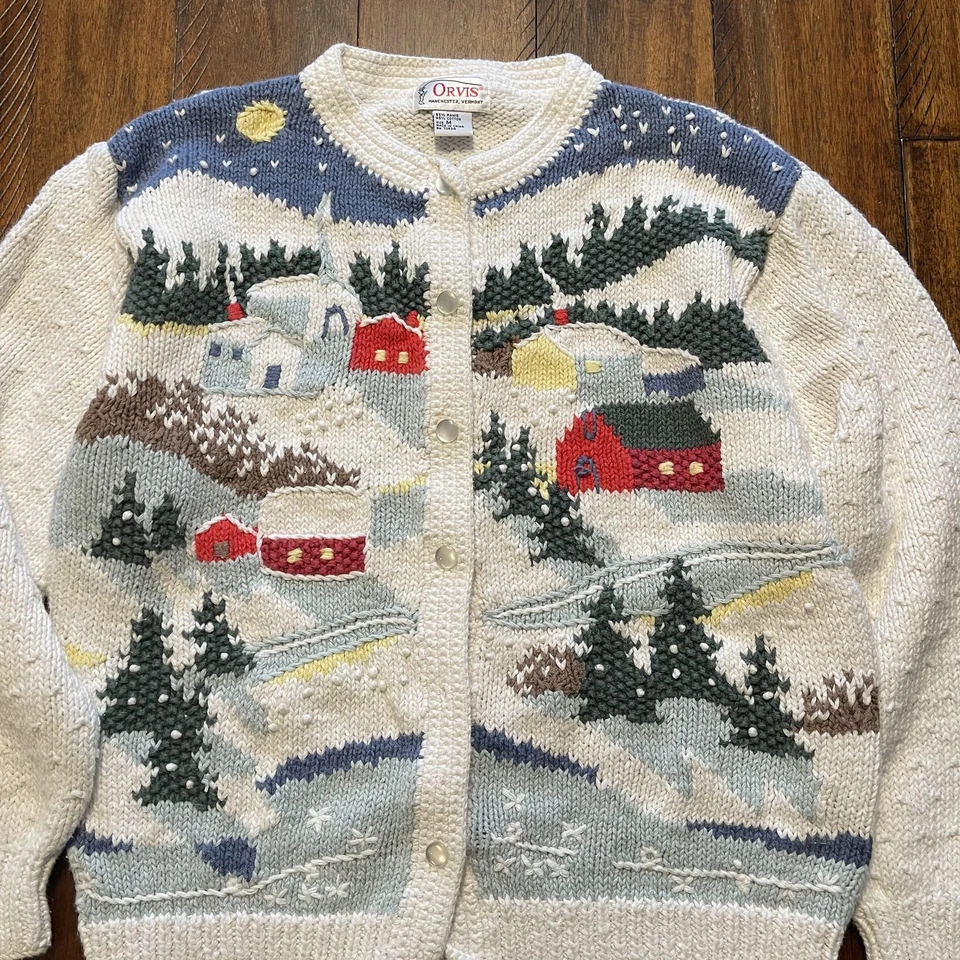 Suéter Orvis Mujer Mediano Crema Invierno Escena Pueblo Cárdigan Tejido Ramie Foto 3 de 4