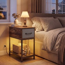 Narrow Side Table with Charging Station, Table with LED Lights, Nightstand