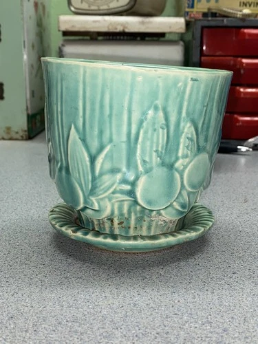 Vintage McCoy Sand Dollar Aqua Flower Pot & Saucer 1930s Planter