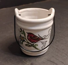 Ceramic 3" Red Bird Planter/Mini Crock/Candle Holder Wire Handle
