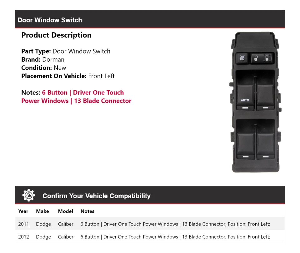 Interruptor de ventana de puerta delantero izquierdo Dodge Caliber Dorman 2011-2012 Foto 2 de 4