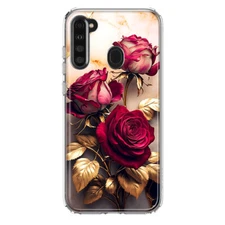 For Samsung Galaxy A21 Shockproof Hybrid Case, Gold Marble Red Roses