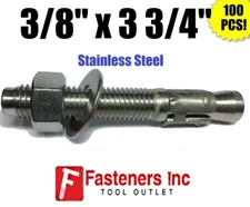 (QTY 100) 3/8" x 3 3/4" Concrete Wedge Anchor Stainless Steel Grade 304 