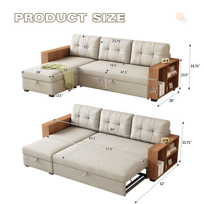 Upholstered pull-out sectional sofa with storage chair, convertible corner sofa