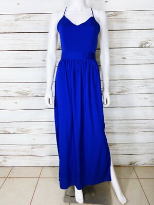 Tobi Womens Maxi Dress Size S Blue V-Neck Spaghetti Straps Sleeveless Sides  Slit