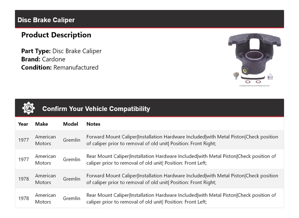 Штангенциркуль дискового тормоза Gremlin 1977-1978 American Motors кардон - Изображение 2 из 4