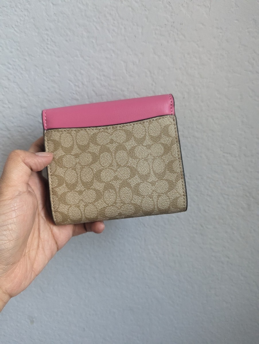 NWT Coach Small Trifold Wallet in Colorblock Signature Canvas Lt Khaki  Petunia