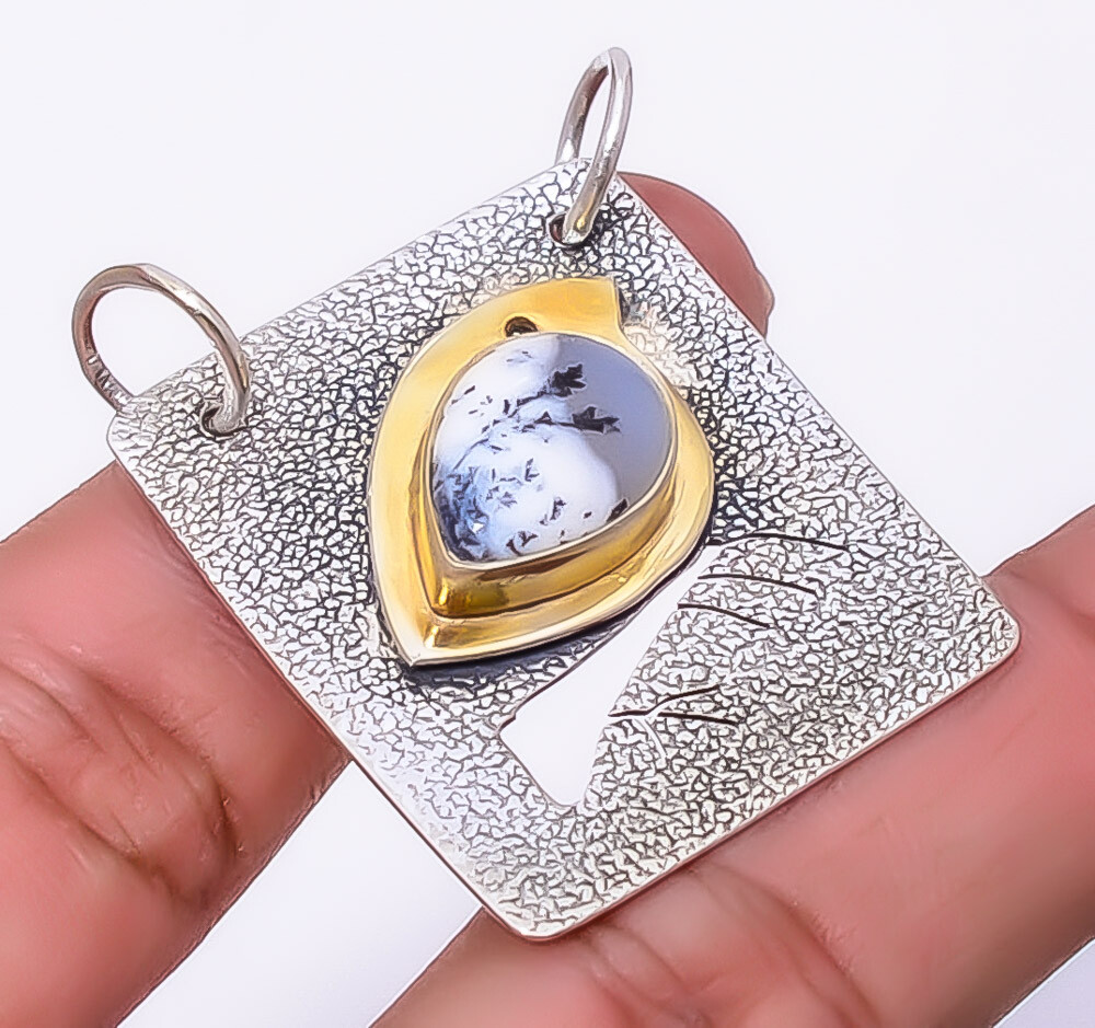 Merlinite Dendritic Opal -Brazil 925 Silver Gold Plated Bird Pendant 1.56